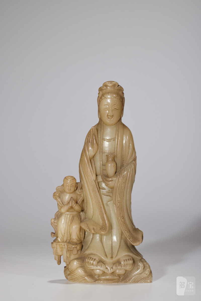 清  寿山芙蓉石童子拜观音带原龛 - 图6